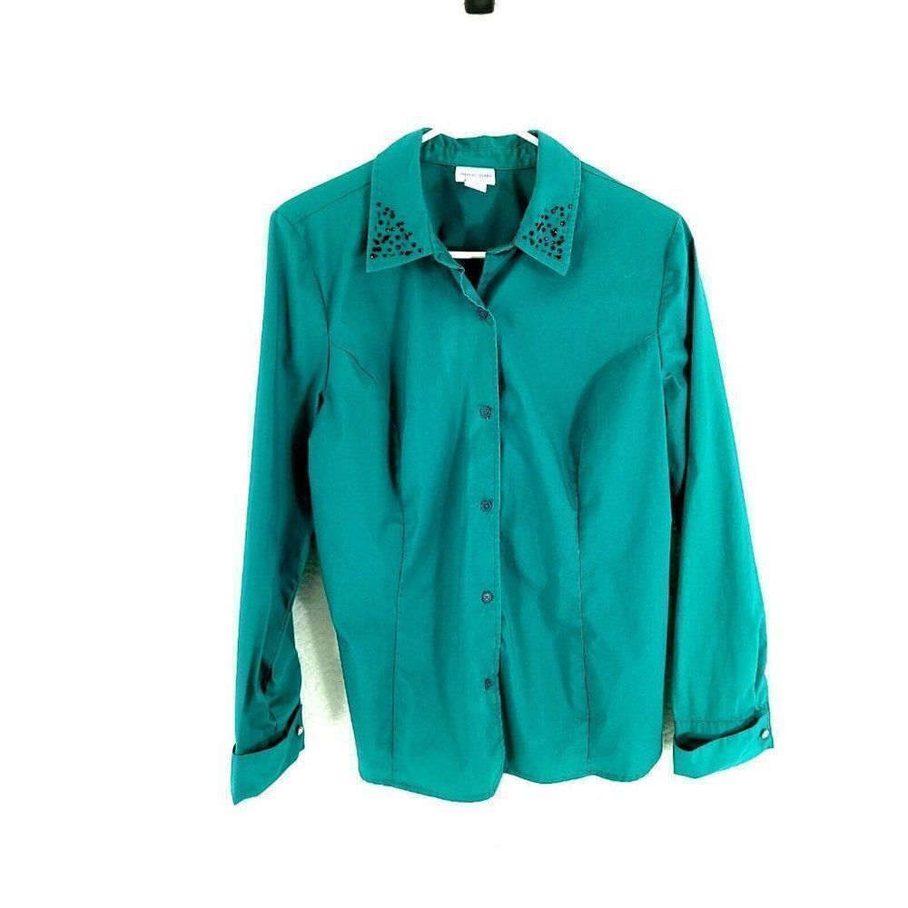 Jaclyn Smith‎ Green Long Sleeve Buton-Up Collared Dress Shirt Rhinestones Large